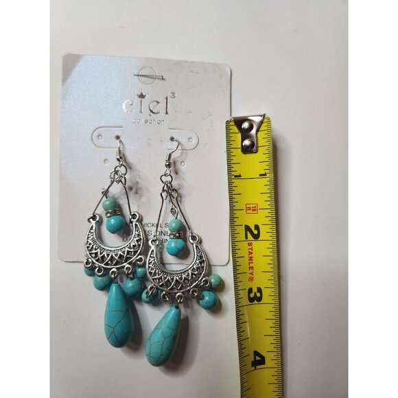 Faux Turquoise Silver tone Chandelier Earrings Ciel western statement party - Picture 2 of 3